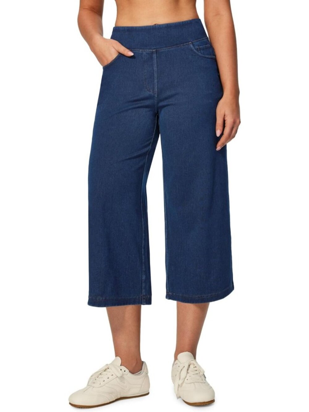 Stretchy High-Waisted Capri Jeans for Women - Pull-On Wide Leg Cropped Denim